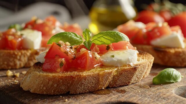 Fresh Toasted Bread Topped with Tomatoes and Cheese - Close-up of fresh toasted bread slices topped with diced tomatoes, soft cheese, and basil.