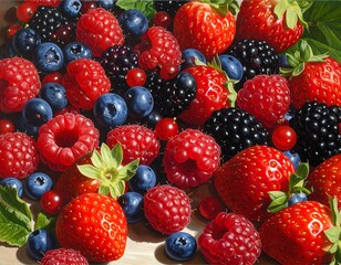Fototapeta premium Close-up of mixed berries, featuring red raspberries, strawberries, blueberries, blackberries, and currants, captured in vibrant detail