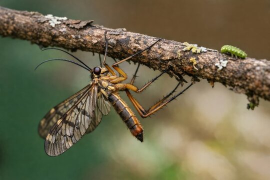 A close-up view of an insect perched on a tree branch, highlighting its details and texture