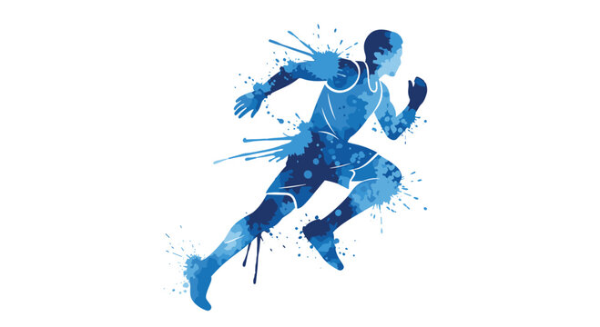 A monochromatic blue silhouette of a running figure rendered in a fluid watercolor wash style with distinct paint drip textures on a clean white backdrop.