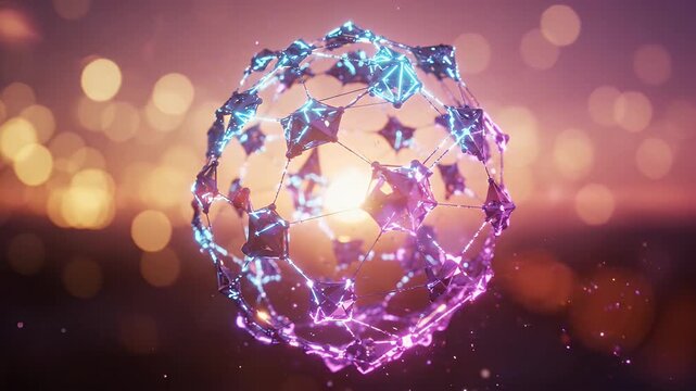 Luminous Geometric Network Structure Floating Against Sunrise Bokeh - A glowing, interconnected geometric sphere pulsates with blue and purple light, set against a blurred background of warm sunrise