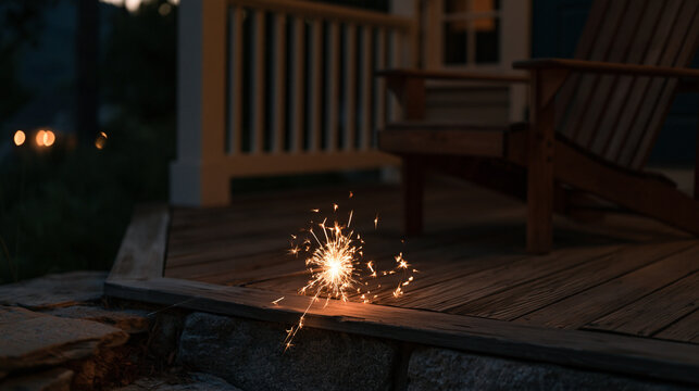 Single object detail of an untouched Independence Day sparkler lying on a wooden porch step beside an empty lawn chair, the rest of the yard dark and quiet, suggesting social