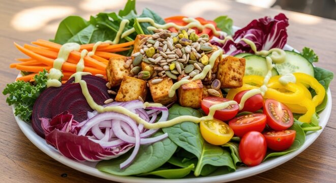 A vibrant and colorful vegan salad with tofu, mixed greens, and fresh vegetables.