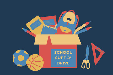  Back to school supply drive vector banner template. Charity donation box with stationery, school supplies, backpack, pencils and books on dark background. © elena
