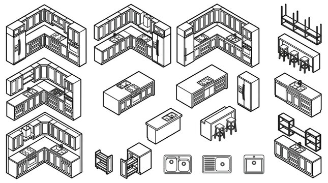 Kitchen interior isometric furniture blocks and cabinetry CAD symbols
