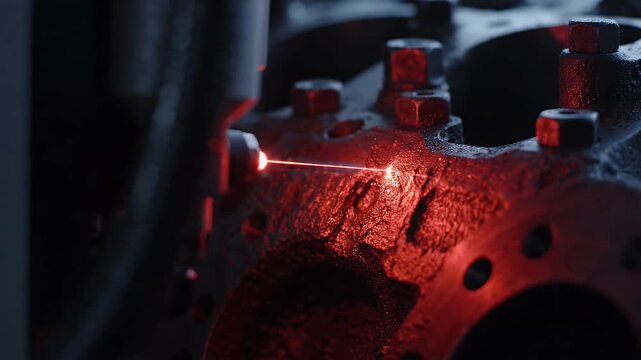Laser Scanning Industrial Surface Close-up - A bright red laser beam precisely scans a dark, rough industrial surface, creating a shower of sparks.