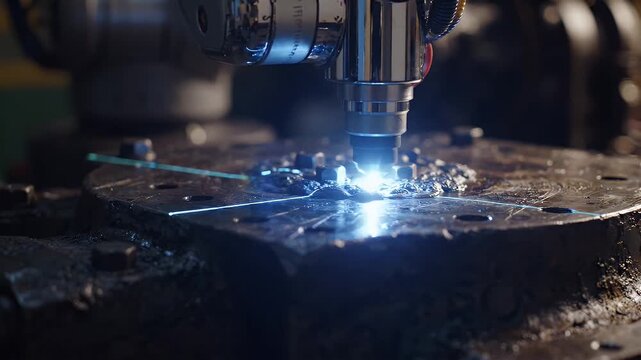 Industrial Laser Cutting Surface - A close-up shot of a robotic arm performing high-precision laser scanning on a dark, rough industrial surface.