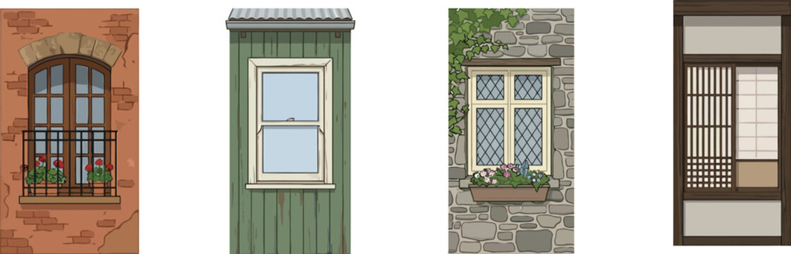 A diverse collection of architectural windows showcasing various styles including traditional French modern sash and Japanese shoji screens ideal for building design and home decor concepts