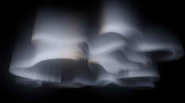 Abstract glowing white wave forms with motion blur on dark background. Futuristic light streaks create flowing layered curves with depth and luminosity. Ideal for technology, science,
