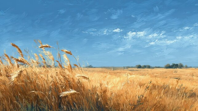 Expansive field of ripening wheat beneath a bright blue sky - painterly landscape illustration