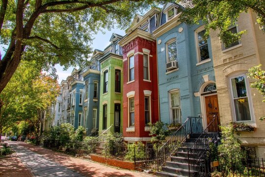 Exterior architecture of colorful townhouse row on a sunny DC street