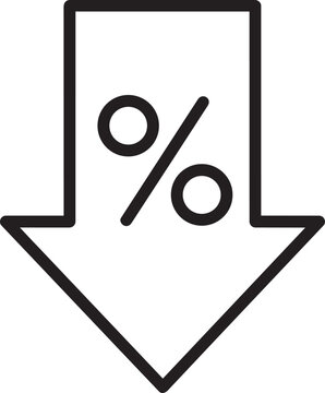 Arrow pointing down with percentage sign for falling interest rate loan decrease and financial discount outline vector icon