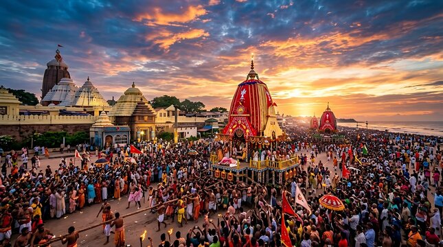 Grand Rath Yatra Festival in Puri Odisha India at Sunset.