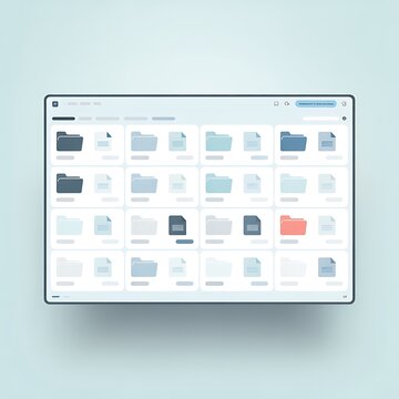 Digital interface displaying a grid of file folders and documents with varying shades of blue gray and a single red folder highlighted on a light blue background representing file management and