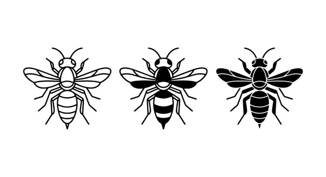 Minimalist Bee Icons Set, Vector Insect Graphics, Black and White Flying Bug Illustrations, Nature Elements