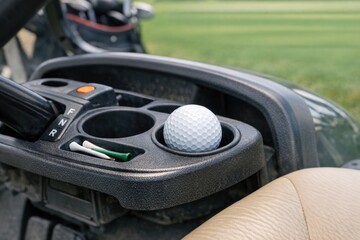 A golf ball placed in the driver's seat of a golf cart, great for leisure or promotional use