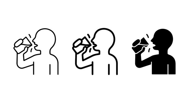 Person Drinking, Hydration Icon Set, Beverage Consumption, Thirst Relief Vector Graphics