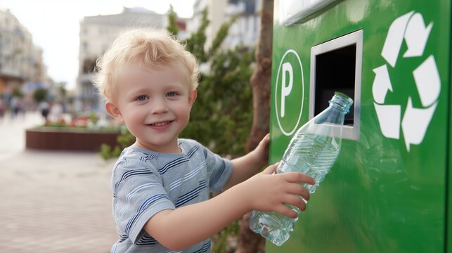 A young Caucasian boy smiling as he places a plastic bottle into a green recycling bin on an urban street, promoting environmental awareness and sustainable habits from childhood.
