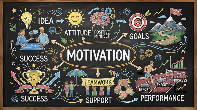 Motivation concept illustrated on a black chalkboard with colorful drawings and text