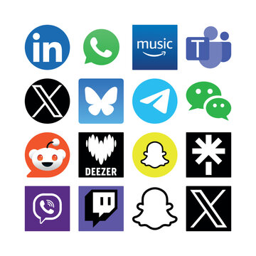 A four-by-four grid showcasing popular social media and communication app icons, featuring LinkedIn, WhatsApp, X, Telegram, Reddit, Twitch, and Snapchat, rendered in both bright colors and monochrome.