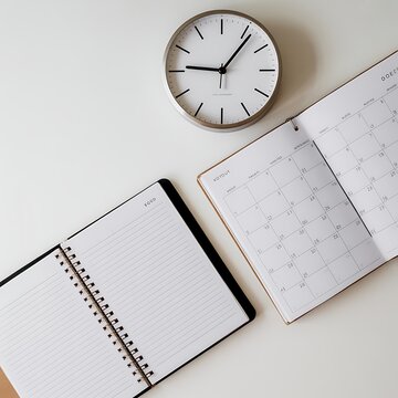 Overhead view of a white desk with a silver analog clock, an open spiral-bound notebook with lined pages, and an open calendar planner showing a monthly view