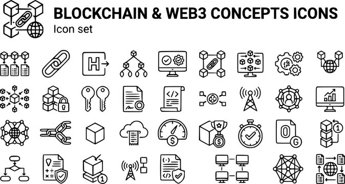 Blockchain Web3 Concepts Outline Icon Set Block Structure Chain Link Hash Merkle Tree Node Validator Consensus Immutable Ledger Key Digital Signature Smart Contract Decentralized 25 Icons Editable