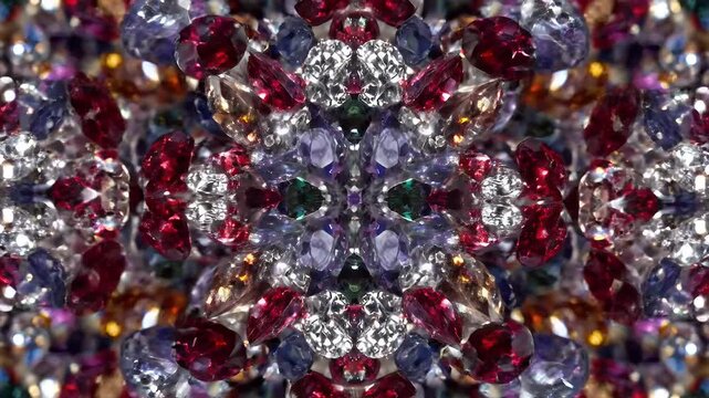Kaleidoscope Pattern of Colorful Gemstones and Crystals - A mesmerizing kaleidoscope pattern created from a close-up view of numerous colorful gemstones and crystals, featuring shades of red, purple,