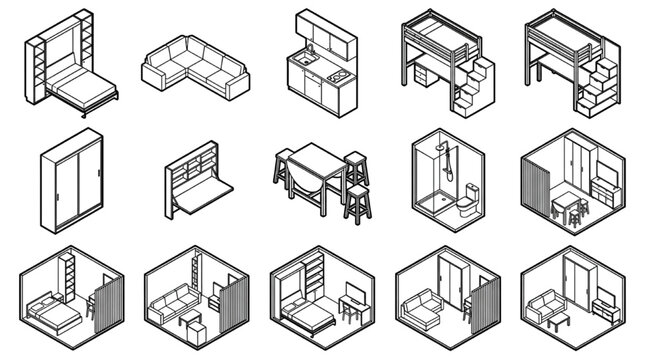 Isometric Compact Living Furniture Vector Set with Murphy Bed, Loft Bunk, Kitchenette, Wardrobe and Studio Room Layouts
