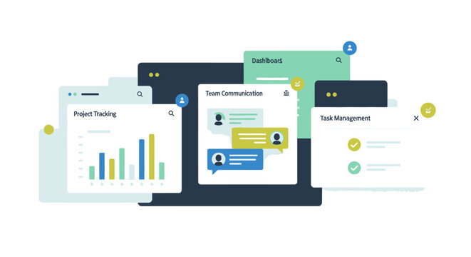 Project Management and Team Collaboration Software Interface Illustration with Task Tracking, Communication, and Data Dashboard Elements for Business Productivity SaaS Design