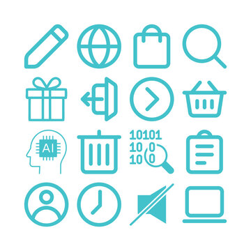 Collection of 16 cyan outline vector UI icons: edit pencil, web globe, shopping bag, search, gift, logout, next, basket, AI brain, trash, binary data, clipboard, user profile, clock, mute, laptop.