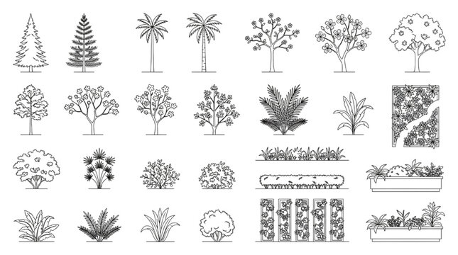 Landscape Architecture Tree and Plant Elevation Vector Set with Palms, Conifers, Flowering Trees, Shrubs and Planters

