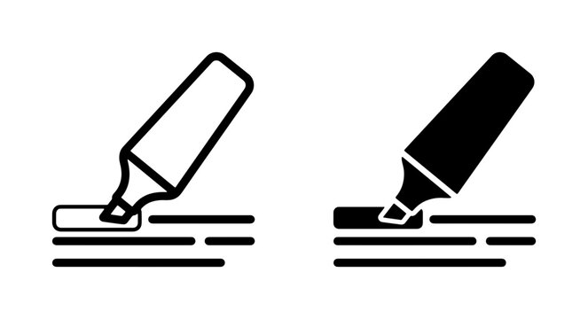 Marker Icon Set, Highlighting Tool Vector Graphics, Writing and Annotation Symbols, Office Supplies and Education Concepts