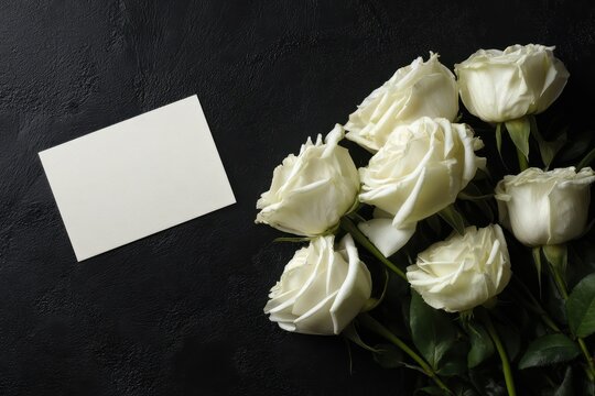 Flat lay composition: fresh white roses beside an empty note card on a black backdrop