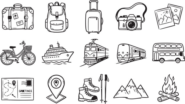 Hand Drawn Travel Doodle Icons Set, Minimalist Vacation Line Art Elements Collection.