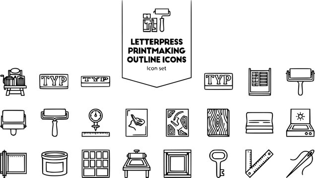 Letterpress Printmaking Outline Icon Set Press Machine Type Block Composing Galley Roller Ink Brayer Registration Plate Lino Woodblock Screen Squeegee 20 Icons Editable Strokes Line Art Retro Vector