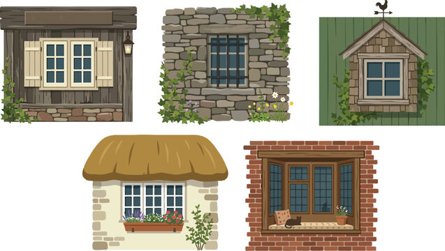 Diverse collection of vintage and rustic windows showcasing various architectural styles like wood stone brick and thatch perfect for building design game development or storybook illustrations