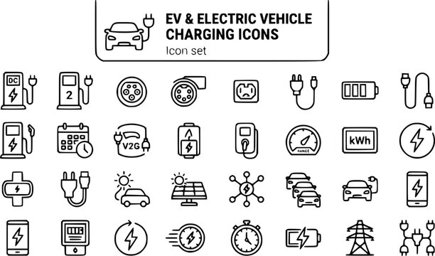EV Electric Vehicle Charging Technical Outline Icon Set DC Fast Charger Level 2 Charging Port Battery State Charging Cable Station Smart Schedule V2G Home Wallbox 25 Icons Editable Strokes Line