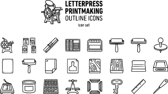 Letterpress Printmaking Outline Icon Set Press Machine Type Block Composing Galley Roller Ink Brayer Registration Plate Lino Woodblock Screen Squeegee 20 Icons Editable Strokes Line Art Retro Vector