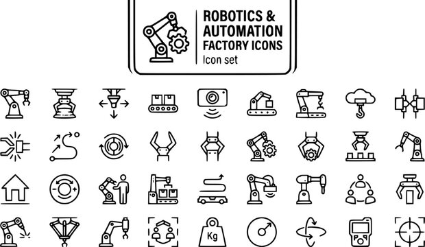 Robotics Automation Factory Technical Line Art Icon Set Robotic Arm End Effector Pick Place Conveyor Vision Collision Path Planning Torque Gripper E-Stop Cobot Palletizer AGV 25 Icons Editable Strokes
