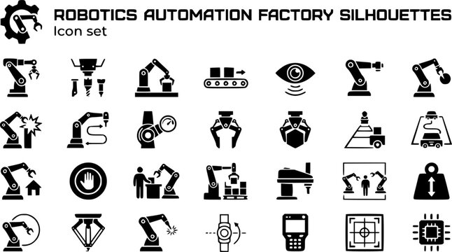 Robotics Automation Factory Silhouette Icon Set Robotic Arm End Effector Pick Place Conveyor Vision Collision Path Torque Gripper E-Stop Cobot Palletizer AGV Welding 25 Icons Editable Strokes Flat