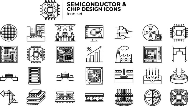 Semiconductor Chip Design Technical Line Art Icon Set Wafer Litho Node Fab EDA RTL Tape-Out Packaging Die Yield Foundry GPU DRAM NAND Transistor Photomask 25 Icons Editable Strokes Line Art Vector 