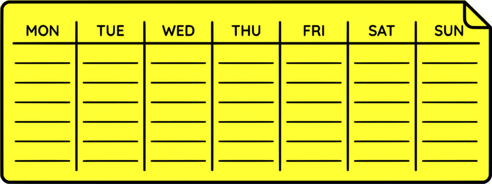 Corporate project management and weekly calendar grid yellow memo sticker vector. Schedule tracker, calendar planner, task organizer document