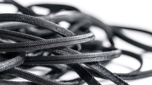 Flat lay of woven elastic bands in varying widths, minimal product photography in grayscale