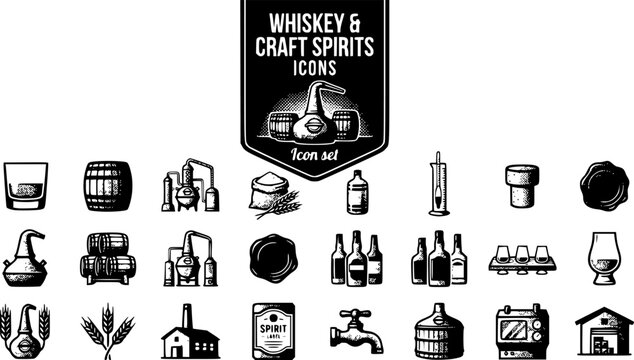 Whiskey Craft Spirits Vintage Halftone Icon Set Glass Bourbon Barrel Distillation Still Grain Mash Copper Pot Aging Rack Hydrometer Cork Wax Seal Bottle Nosing Glass 20 Icons Flat Vector Retro Spirits