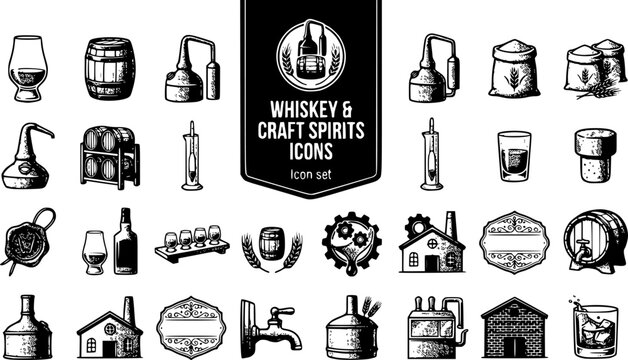 Whiskey Craft Spirits Vintage Halftone Icon Set of Glass Bourbon Barrel Distillation Still Grain Mash Copper Pot Aging Rack Hydrometer Cork Wax Seal Bottle Nosing Glass 20 Icons Flat Vector