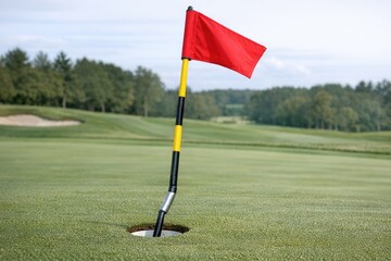 Obraz premium A red flag sticking out of a hole on a golf course
