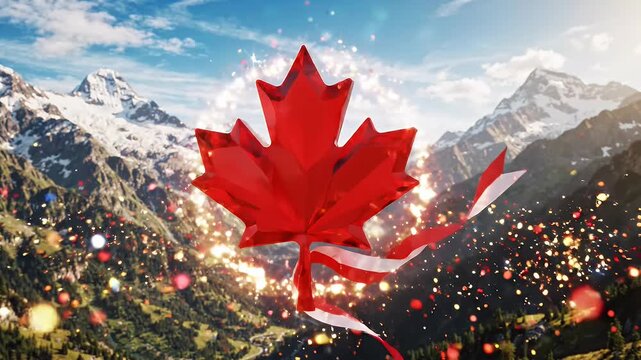 Vibrant Crystal Maple Leaf Symbol in Mountain Landscape with Confetti - A dazzling, faceted red maple leaf crystal, symbolizing national spirit, spins dynamically against a backdrop of majestic