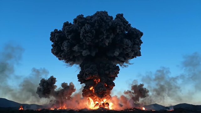 Massive Dark Smoke Plume From Fiery Explosion - A massive, dark smoke plume billows into the clear blue sky from a powerful explosion on the ground.