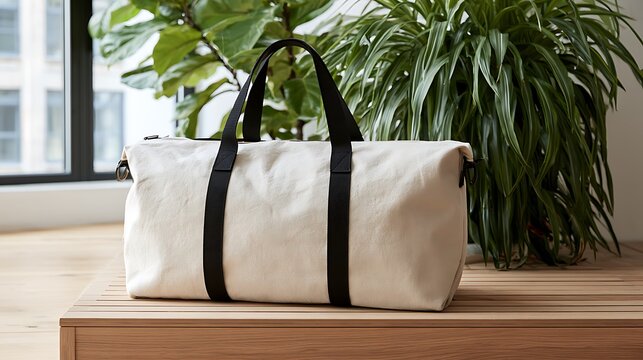 Minimalist canvas duffel bag on a wooden bench with houseplants