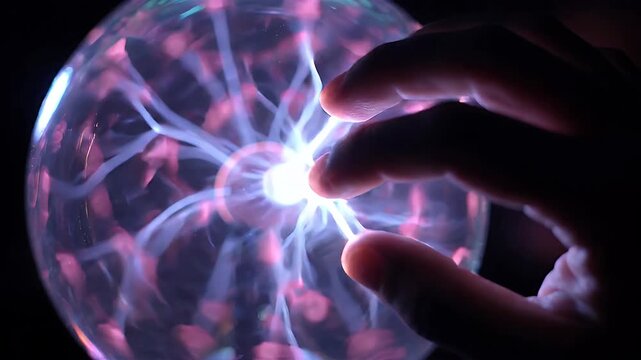 Close-up of Hand Interacting with Mesmerizing Plasma Ball Display - A close-up shot shows fingers touching a plasma ball, causing electric arcs to form and pulse with energy.